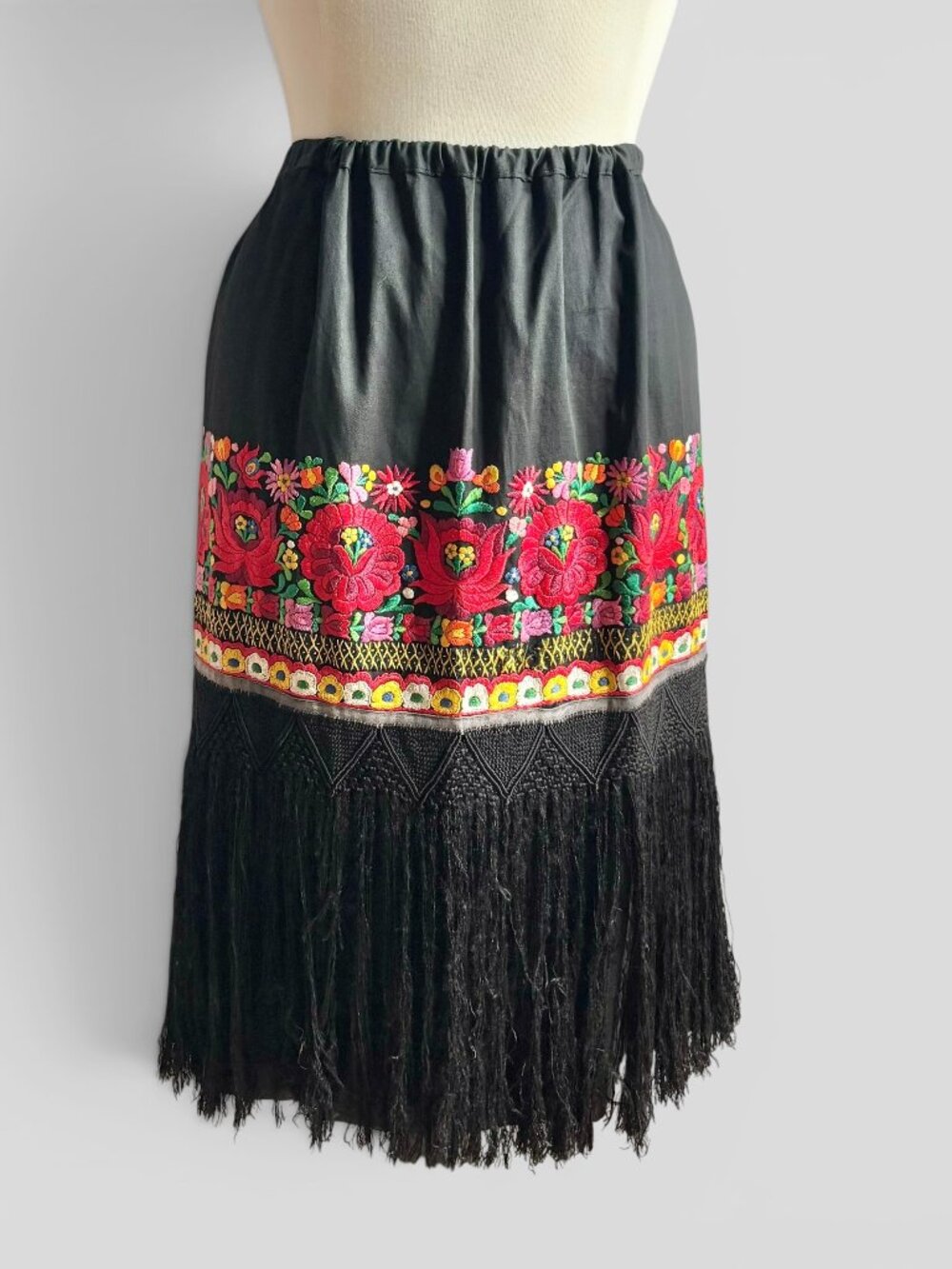 Vintage Hungarian Matyo Embroidered Fringed Folk Apron Unisex